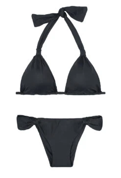 Black Triangle Halter Top Bikini, Low-cut Bottoms  - Ambra Mel Preto