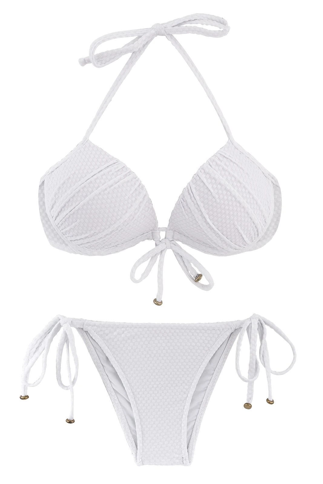 White Side-tie Textured Brazilian Push Up Bikini - Cloque Branco Balconet