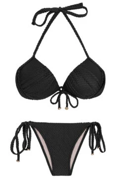 Black Side-tie Textured Brazilian Push Up Bikini - Cloque Preto Balconet