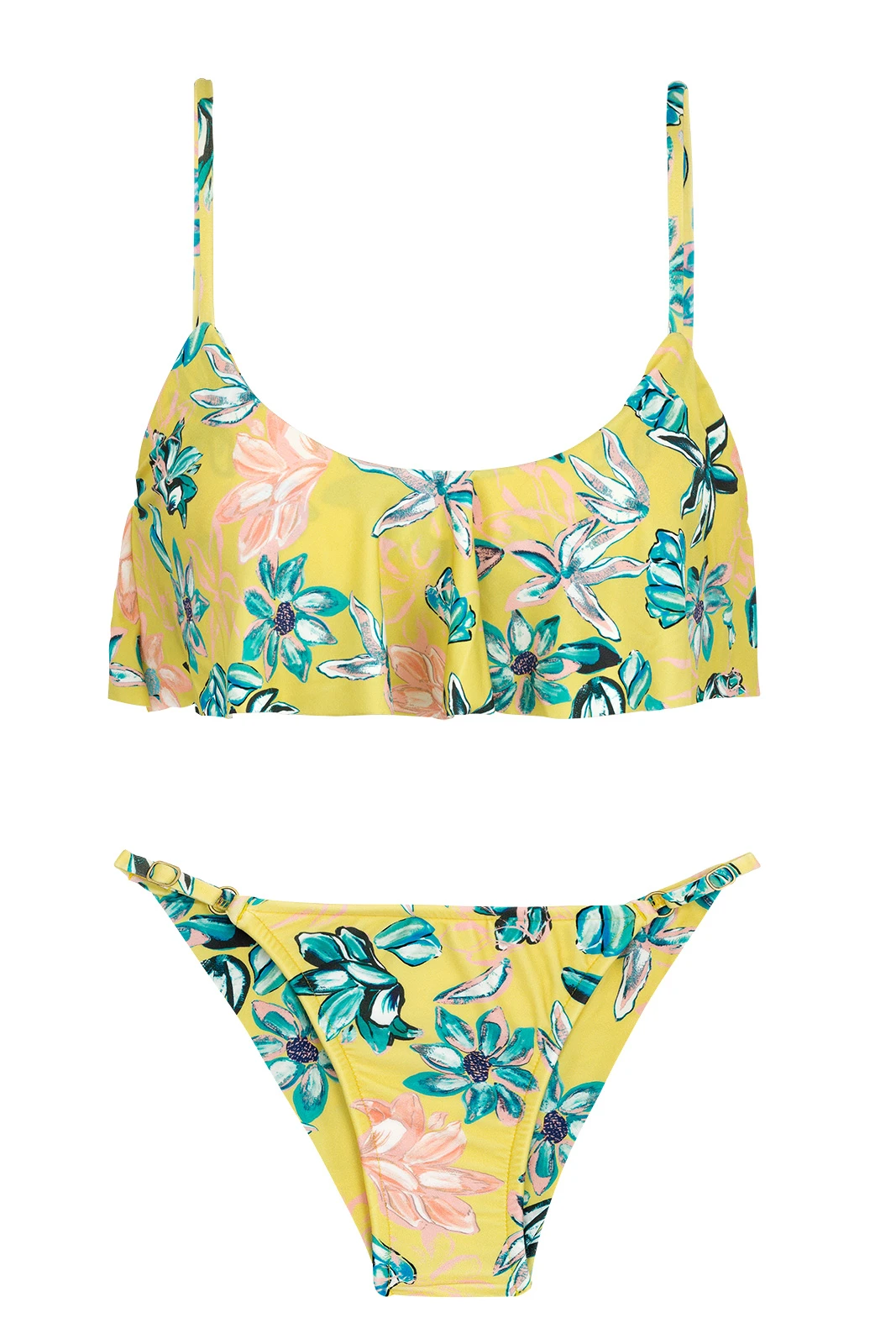 Yellow Floral Adjustable Scrunch Bikini With Ruffled Top - Florescer Babado