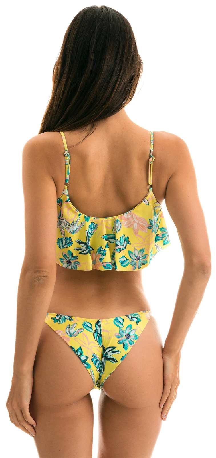 Yellow Floral Adjustable Scrunch Bikini With Ruffled Top - Florescer Babado - Image 3