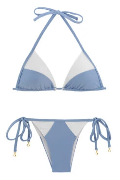 White & Denim Blue Bi-material Side-tie Brazilian Bikini - Garoa White Tri
