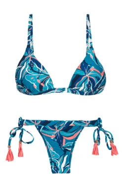 Blue & Pink Printed Side-tie Bikini With Pompoms - Lilly Tri Fixo