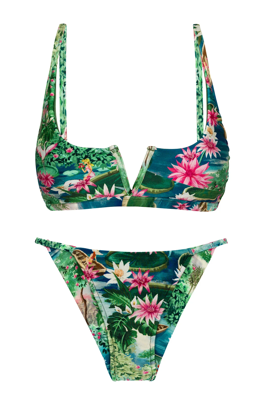 Green Tropical Cheeky Brazilian Bikini With V Bralette Top - Set Amazonia Bra-v Cheeky-fixa