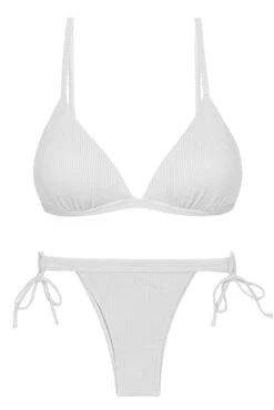 White Ribbed Double Side-tie Bikini With Triangle Top - Set Cotele-branco Tri-fixo Rio