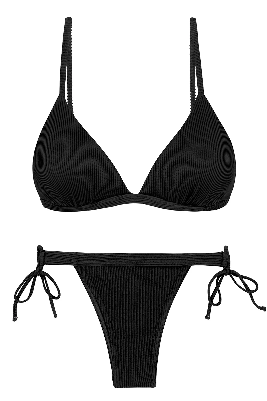Black Ribbed Double Side-tie Bikini With Triangle Top - Set Cotele-preto Tri-fixo Rio