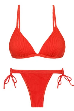 Red Ribbed Double Side-tie Bikini With Triangle Top - Set Cotele-tomate Tri-fixo Rio