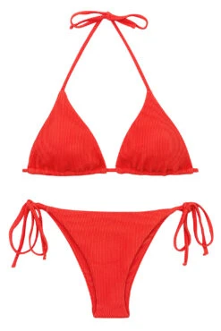 Red Ribbed Side-tied Brazilian Bikini - Set Cotele-tomate Tri-inv Ibiza