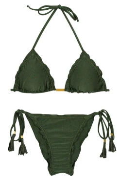 Dark Green Iridescent Scrunch Bikini With Wavy Edges - Set Croco Tri Frufru