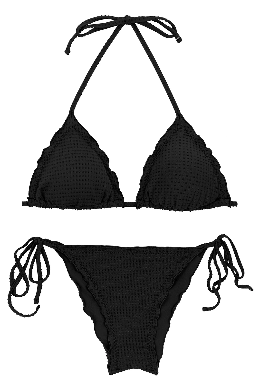 Black Textured Scrunch Bikini With Wavy Edges - Set Dots-black Tri Frufru