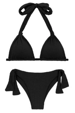 Black Textured Side-tie Brazilian Bikini With A Halter Top - Set Dots-black Tri-mel Italy