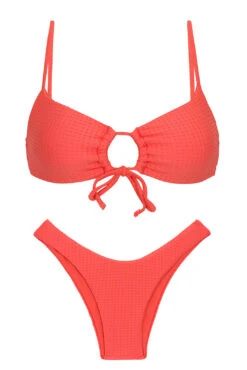 Embossed Textured Coral Pink High Leg Bikini With Front-tie Top - Set Dots-tabata Mila High-leg