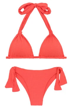 Textured Coral Side-tie Brazilian Bikini With A Halter Top - Set Dots-tabata Tri-mel Italy