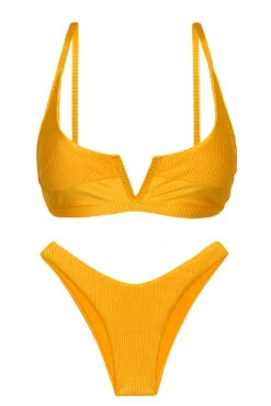 Textured Yellow High Leg Bikini With V Bralette Top - Set Eden-pequi Bra-v High-leg