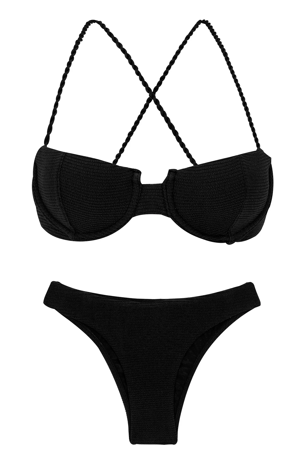 Textured Black Balconette Bikini With Crossed Straps - Set St-tropez-black Balconet Essential