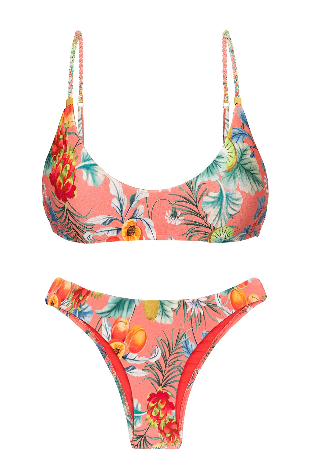 Coral Pink Printed Bralette Bikini With Braided Straps - Set Frutti Bralette Essential
