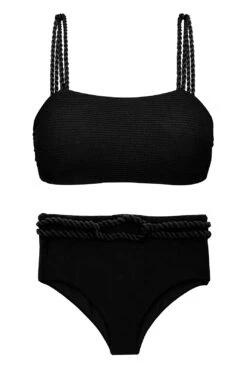 Black Textured High Waist Bikini Bottom With Twisted Rope - Set St-tropez-black Reto Hotpant-high