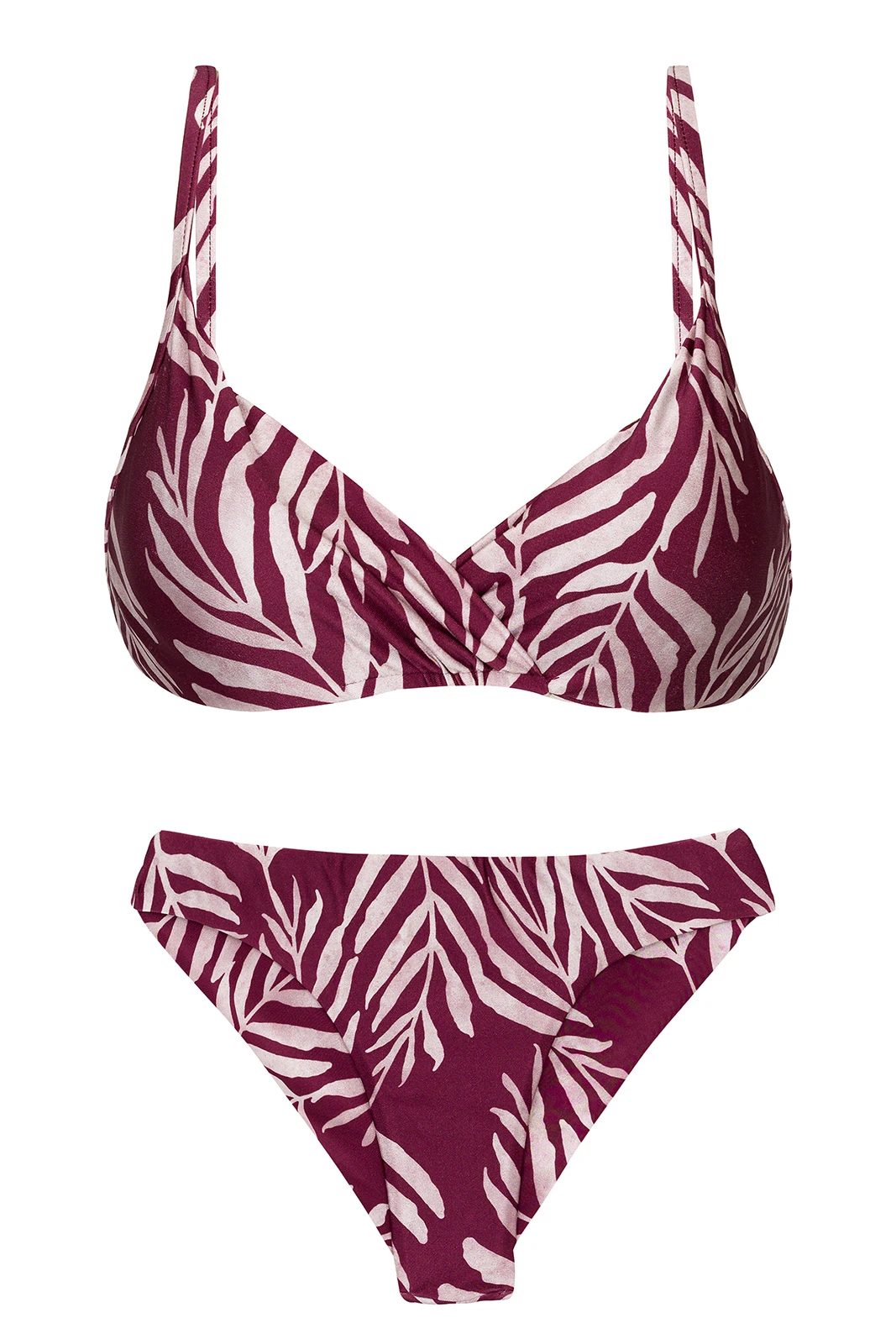 Wine Red Underwired Bralette Bikini In Leaves Print - Set Palms-vine Balconet-inv Nice
