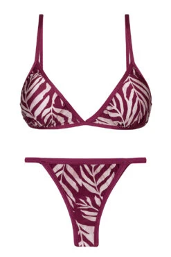 Wine Red Brazilian Bikini With Thin Sides And Leaves Pattern - Set Palms-vine Tri-fixo California