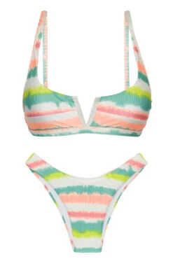 Tie-dye Stripe High Leg Brazilian Bikini With V Bralette Top - Set Revelry Bra-v High-leg